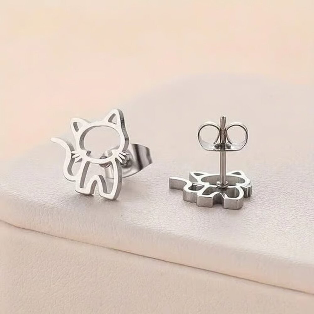 Silver Stainless Steel KITTY CAT Stud Earrings - Picture 2 of 3